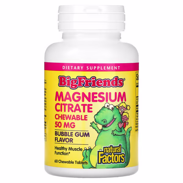 16 Natural Factors, Big Friends, Magnesium Citrate, Bubble Gum, 50 mg, 60 Chewable Tablets - Image 1