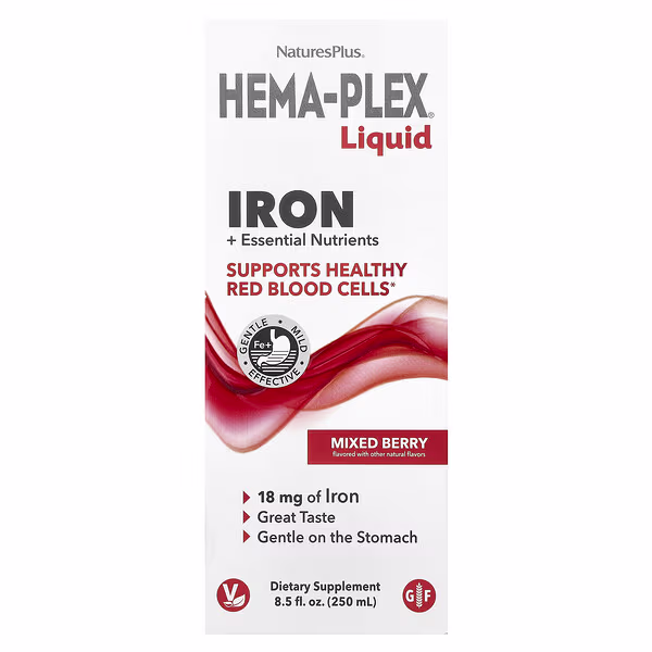 58 NaturesPlus, Hema-Plex® Liquid, Iron + Essential Nutrients, Mixed Berry, 250 ml - الصورة 1