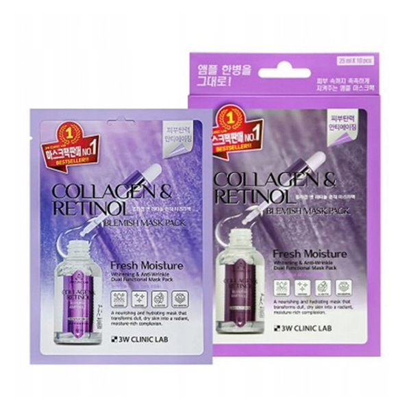 3W Clinic Collagen & Retinol Blemish Mask Pack - 1pack (10pcs) 3W Clinic Collagen & Retinol Blemish Mask Pack, 10pcs - Image 1