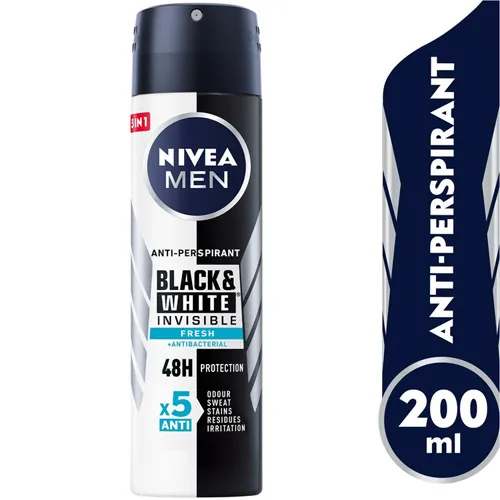 Nivea Antiperspirant Spray Invisible Black & White Fresh for Men, 200 ml Nivea Antiperspirant Spray Invisible Black and White Fresh for Men, 200 ml - الصورة 1